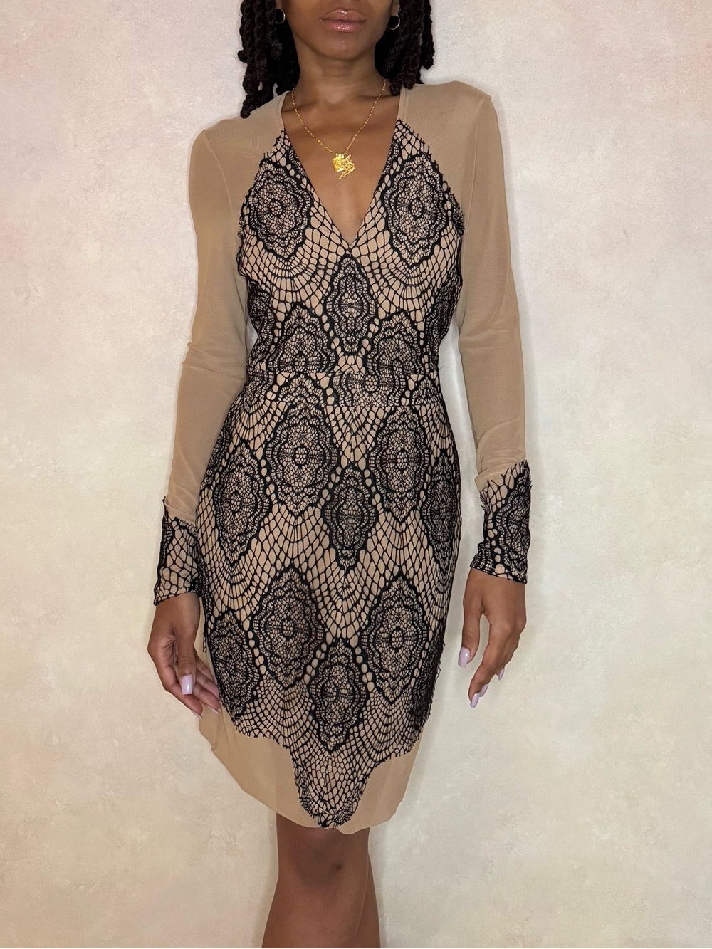 Venus Nude & Black Lace Sheath Dress